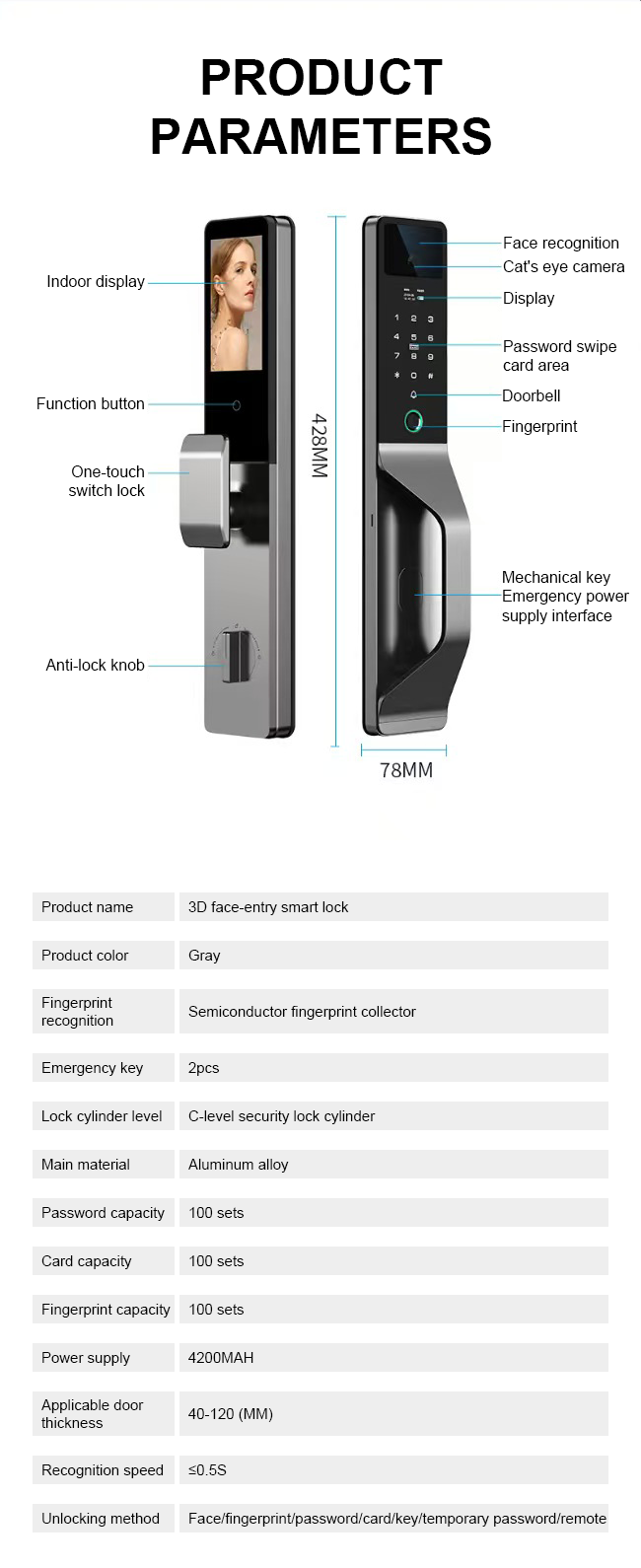 Smart Life Tuya WIFI Door Handle Face Fingerprint Keypad Card Video Doorbell Intercom Lock