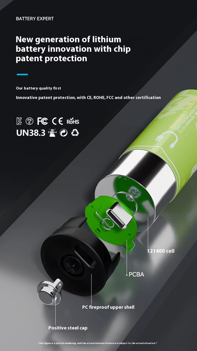 BESTON D Cell USB C Rechargeable Lithium-ion Battery | 1.5V | 4900mAh | 2 Pack