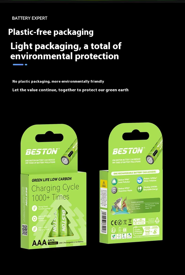 BESTON AAA USB C Rechargeable Lithium-ion Battery | 10440 | 1.5V | 390mAh | 4 Pack