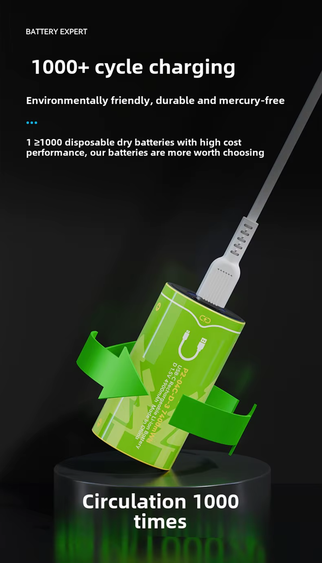BESTON D Cell USB C Rechargeable Lithium-ion Battery | 1.5V | 4900mAh | 2 Pack