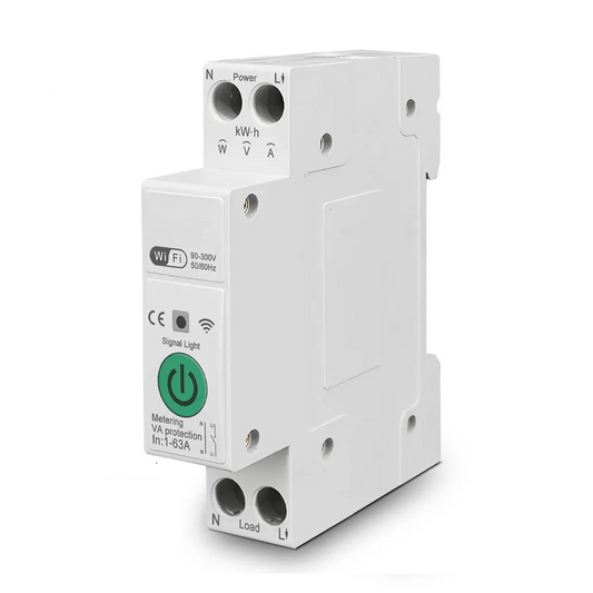 A white Tuya WIFI 1P smart switch with neutral, load, and power lines, featuring a power button and indicators on the front.