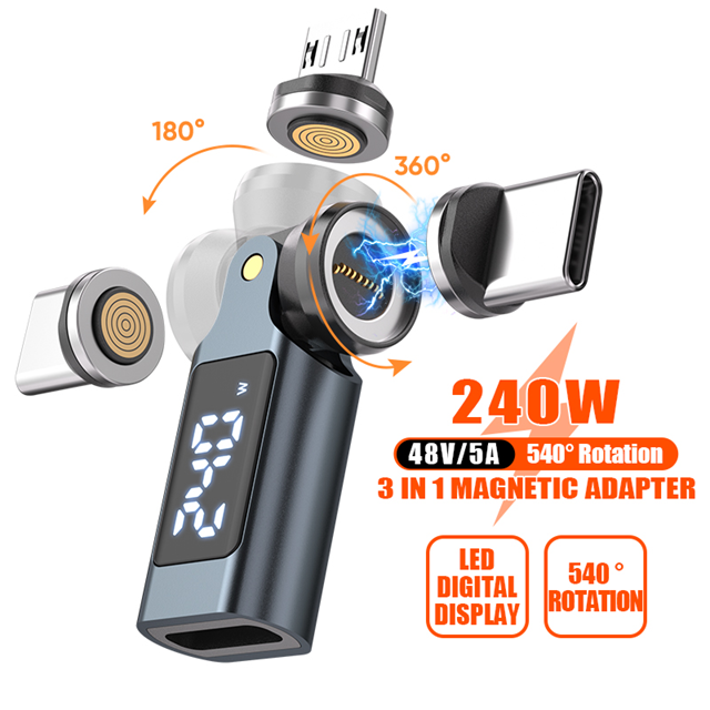USB C to Magnetic Display Adaptor | 240W 48V 5A | Data Transfer Fast Charging | 360° 180° Rotatable | Black