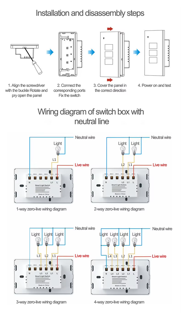 Smart Life Tuya WIFI 4CH LED Light Button Switch | Live & Neutral / Live & No Neutral Wire | Black