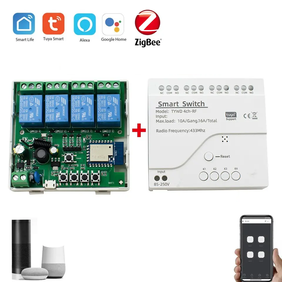 Smart Life Tuya Zigbee 4CH 5V or 85-250V Door Gate Garage Opener Inching Relay Module with RF433Mhz