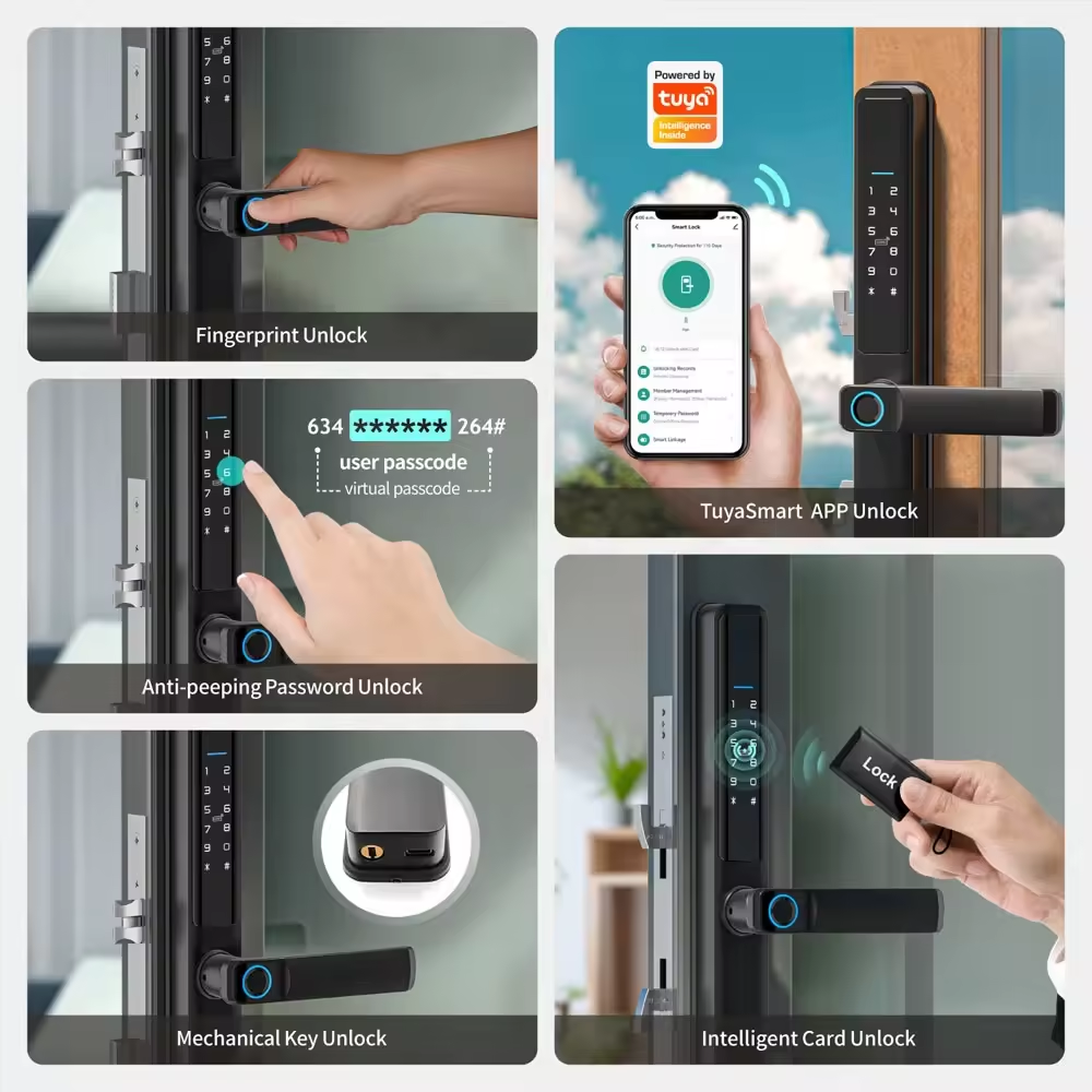 Smart Life Tuya WIFI Waterproof Access Control Fingerprint Keypad Card Door Handle Lock F5 (Black)