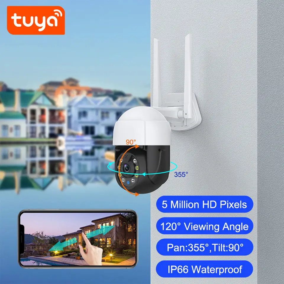 Smart Life Tuya WIFI Waterproof Outdoor 5MP HD PTZ CCTV Camera w/ 2 way audio