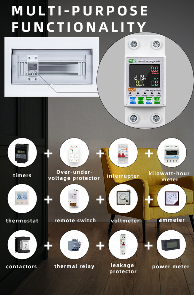 Smart Life Tuya WIFI 2P w/ Neutral & Leakage | 240V 63A 13800W 13.8KW w/ Power Monitor