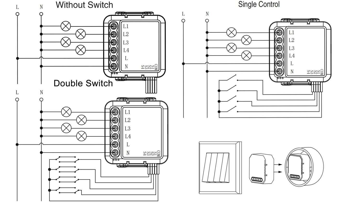 Smart Life Tuya Zigbee 4CH 150W LED Light / 2.5A 550W Appliance Neutral Mini Switch