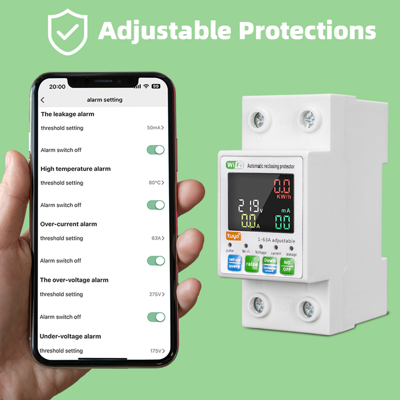 Smart Life Tuya WIFI 2P w/ Neutral & Leakage | 240V 63A 13800W 13.8KW w/ Power Monitor