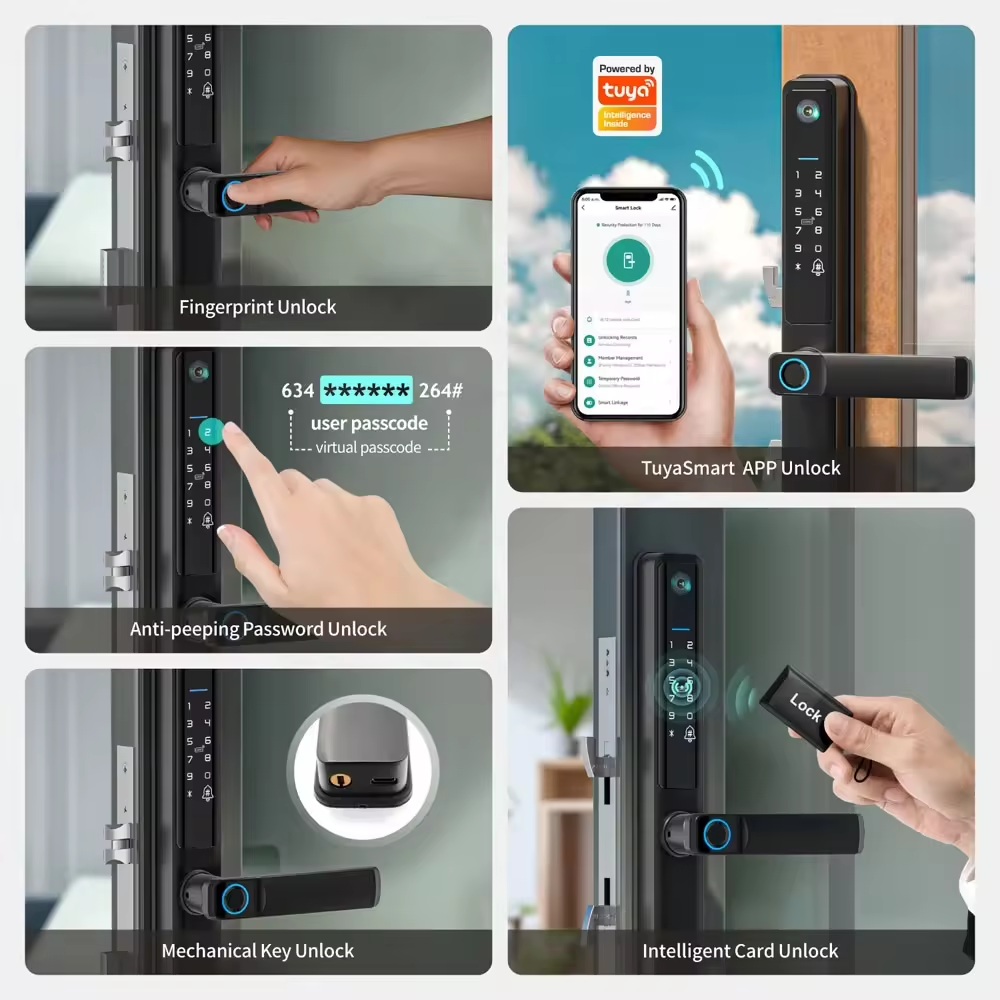 Smart Life Tuya WIFI Waterproof Access Control Fingerprint Keypad Card Video Doorbell Handle Lock F5