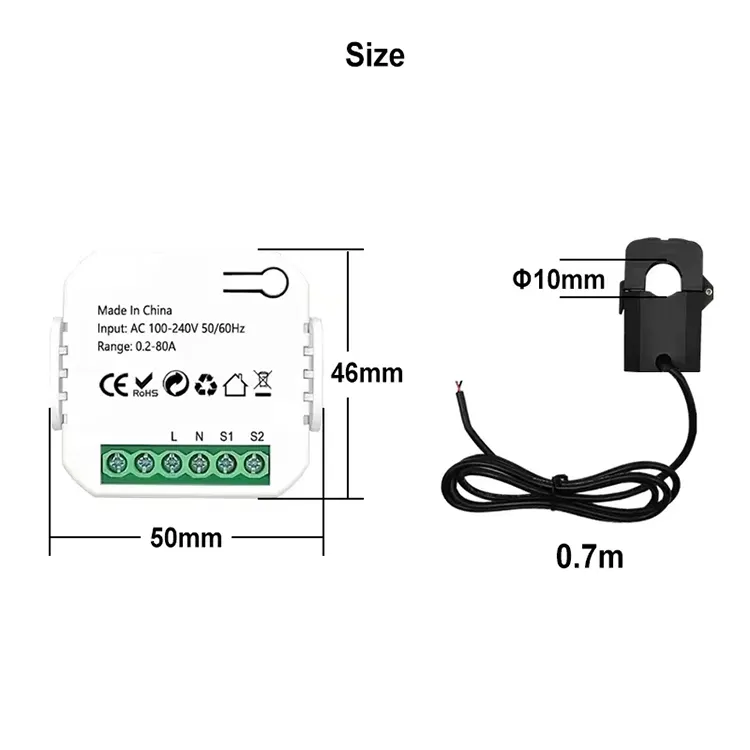 Smart Life Tuya Zigbee 1CH Mini Power Energy Monitor Clamp Meter 240V 80A Single phase