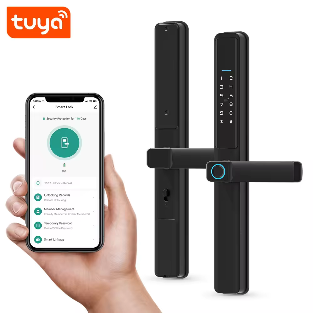 Smart Life Tuya WIFI Waterproof Access Control Fingerprint Keypad Card Door Handle Lock F5 (Black)