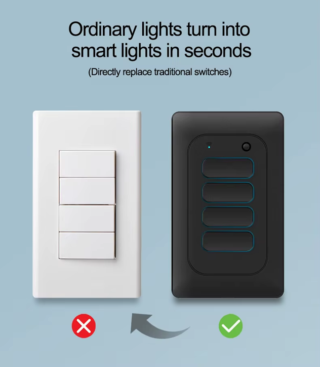Smart Life Tuya WIFI 4CH LED Light Button Switch | Live & Neutral / Live & No Neutral Wire | Black