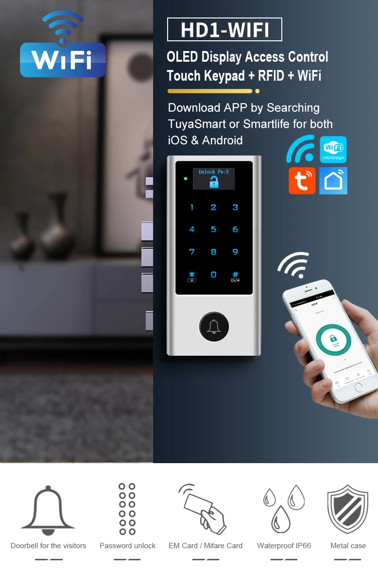 Smart Life Tuya WIFI Waterproof 12V Access Control Keypad Card Doorbell Gate Garage HD1