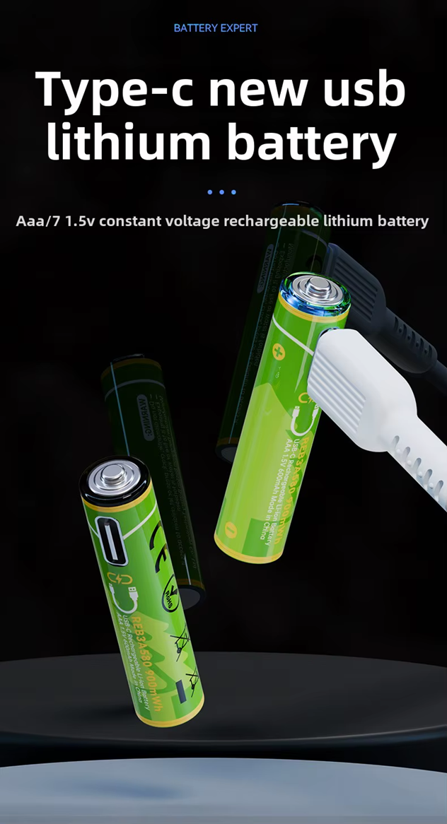 Two green AAA batteries with a charging cable on a dark background, labeled 'Type-c new usb lithium battery'.
