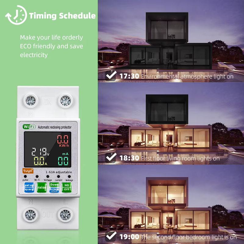 Smart Life Tuya WIFI 2P w/ Neutral & Leakage | 240V 63A 13800W 13.8KW w/ Power Monitor
