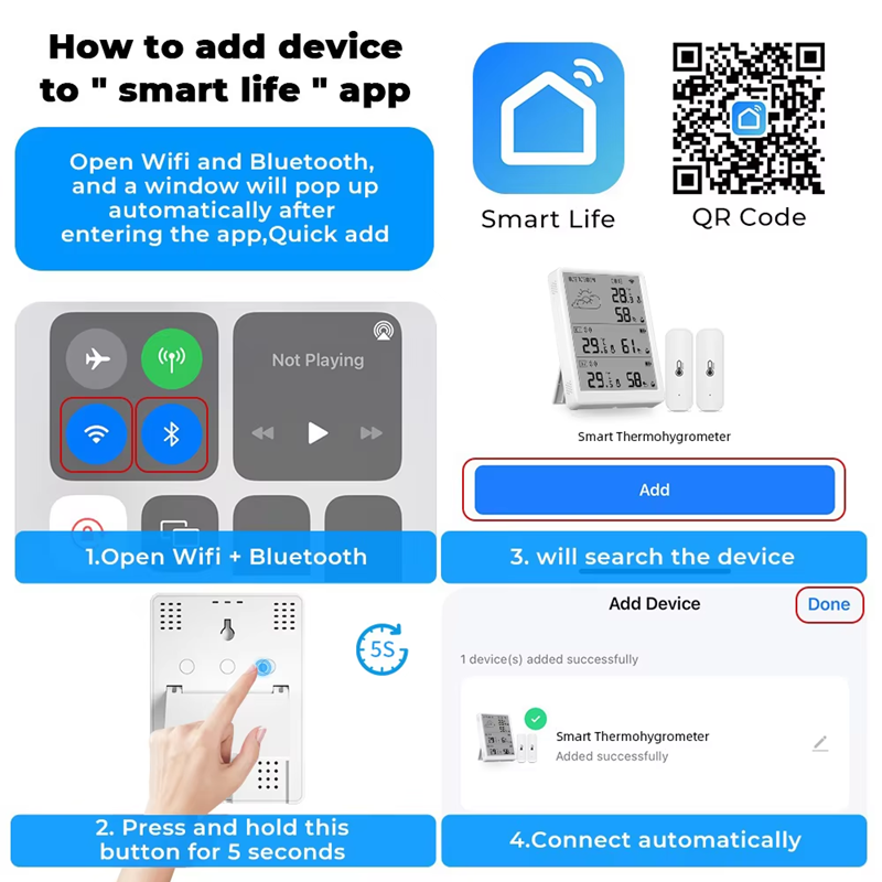 Smart Life Tuya WIFI Temperature Humidity Sensor w/ LCD Display Weather Time Date