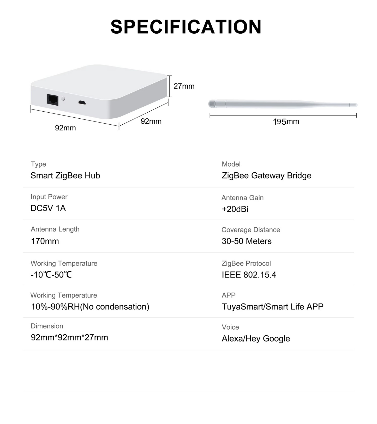 Smart Life Tuya Zigbee to LAN Hub Gateway | 20dB Antenna | 5V | Wired