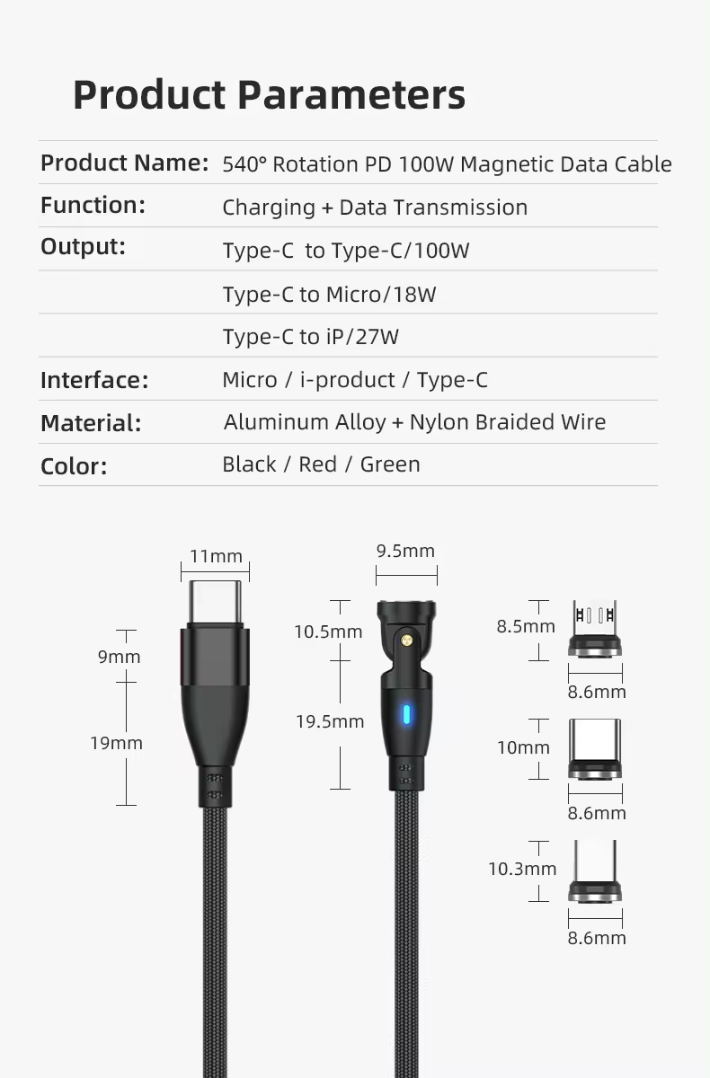 6 in 1 Magnetic Rotatable Cable Data Fast Charging PD100W 1.8m Micro, USB C, IOS Nylon Braided Red
