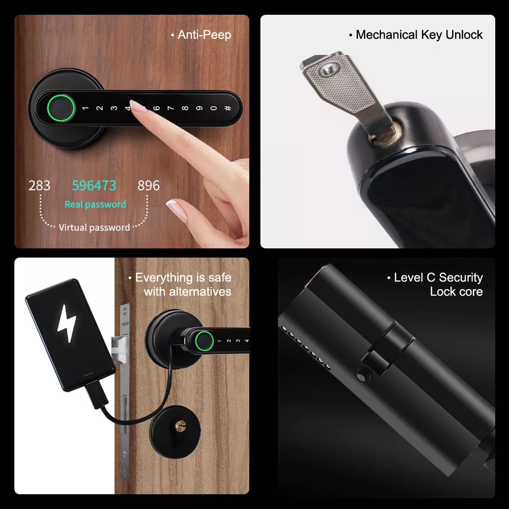 Smart Life Tuya Bluetooth Access Control Fingerprint Keypad Door Handle Lock T8 (Black)