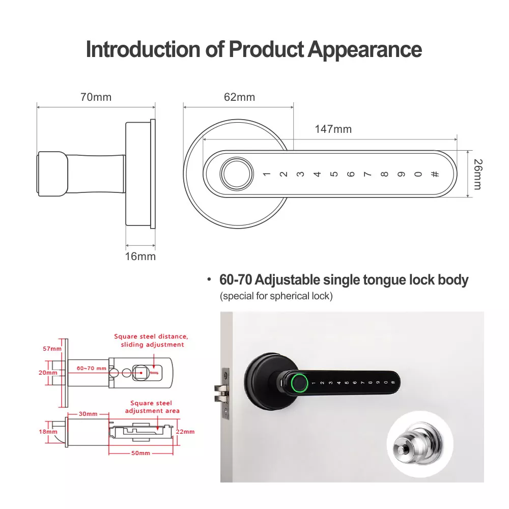 Smart Life Tuya Bluetooth Access Control Fingerprint Keypad Door Handle Lock T8 (Black)