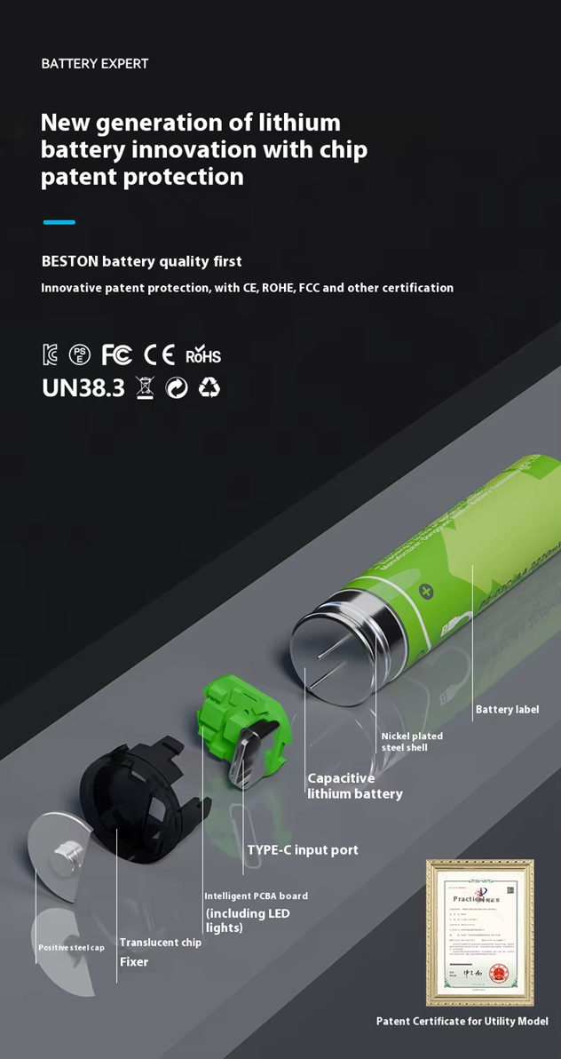BESTON AA USB C Rechargeable Lithium-ion Battery | 14500 | 1.5V | 2000mAh | 4 Pack