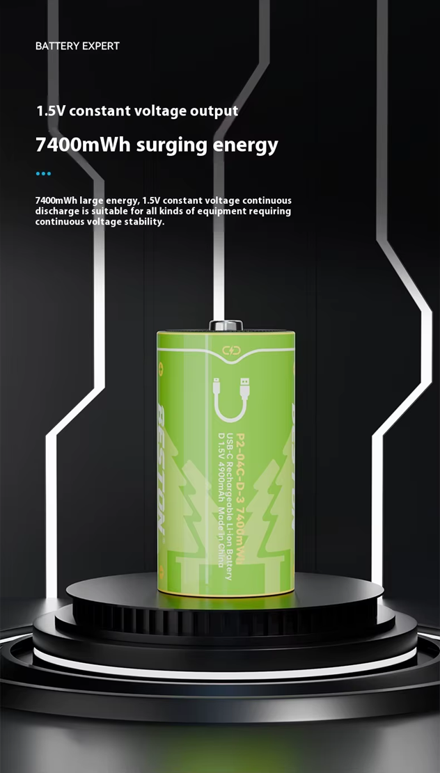 BESTON D Cell USB C Rechargeable Lithium-ion Battery | 1.5V | 4900mAh | 2 Pack