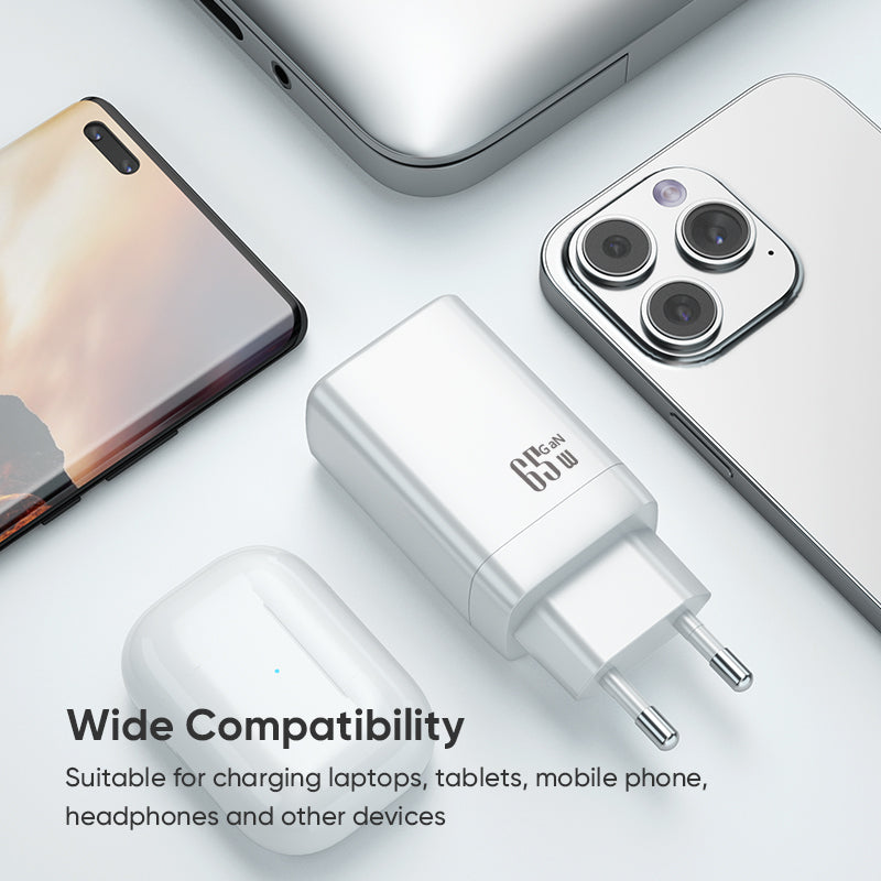 Dual‑Port 65W GaN Fast Charger | Type‑C PD + USB‑A QC Wall Charger | White