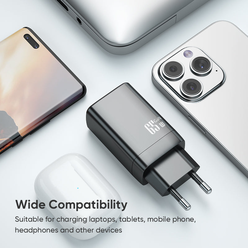 Dual‑Port 65W GaN Fast Charger | Type‑C PD + USB‑A QC Wall Charger | Black