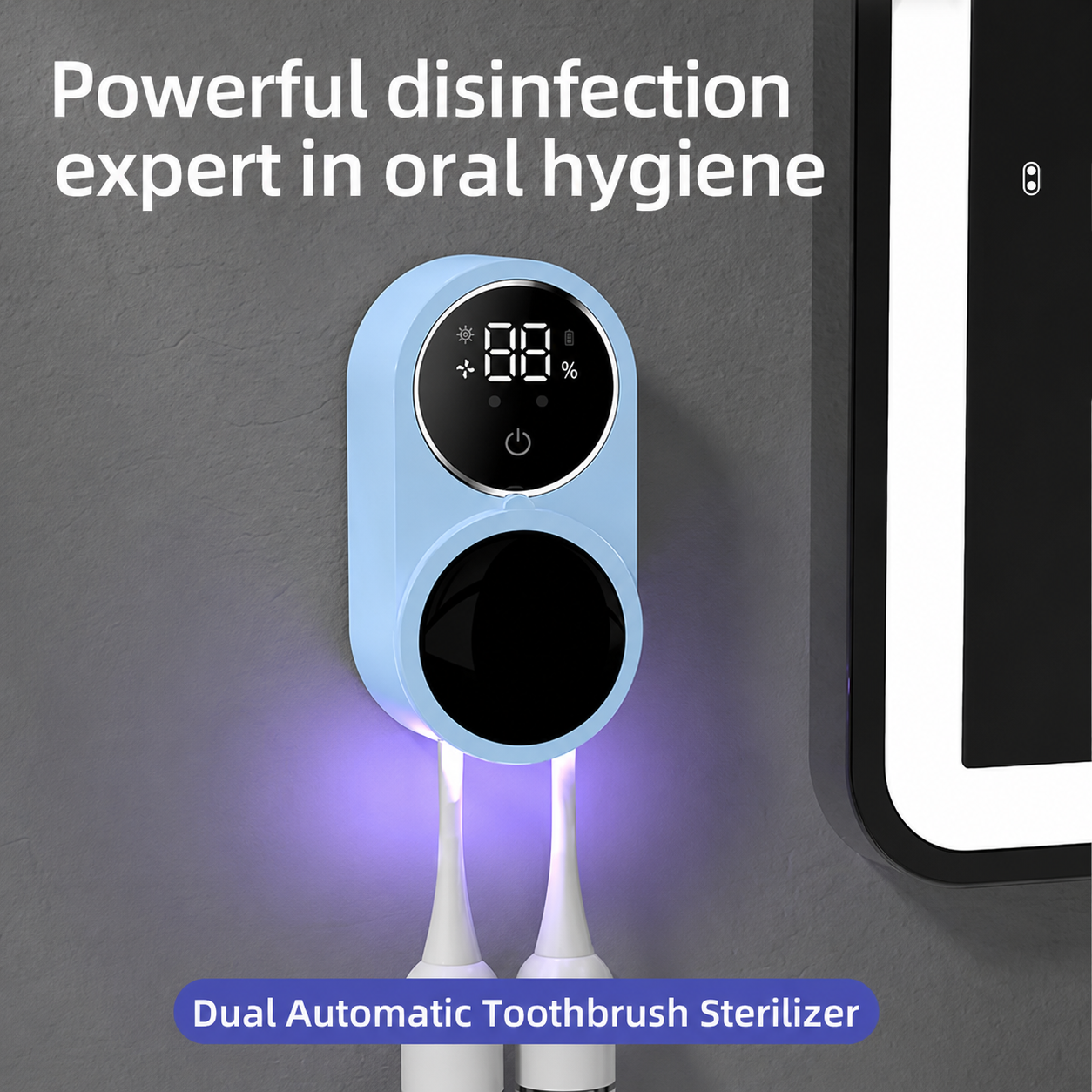 Toothbrush UV Sterilizer & Holder | UVC/UVA Rechargeable Wall Mount | 2 Slot Case| Blue