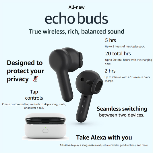 All-new Echo Buds (2023 Release) True Wireless Bluetooth 5.2 Earbuds with Alexa, charging case Black