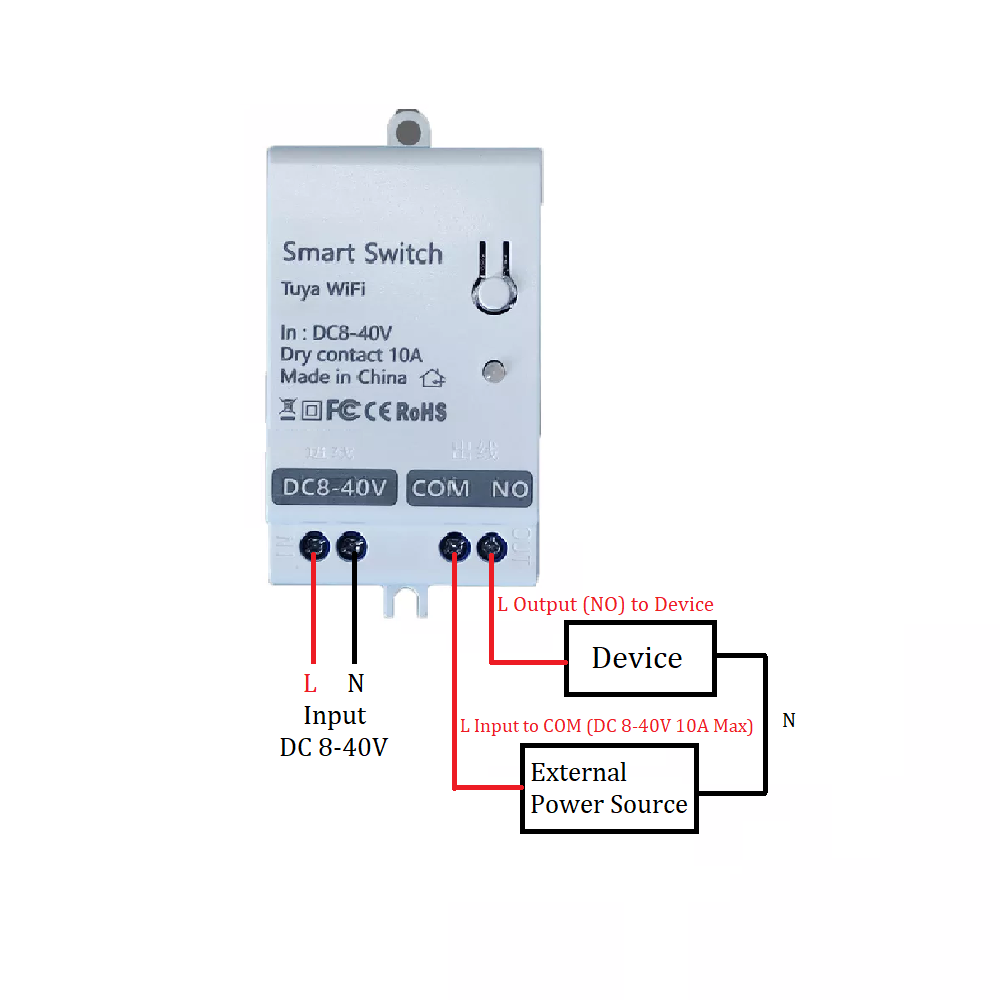 Smart Life Tuya WIFI 1CH DC8-40V 12V 24V 10A Max Dry Contact Switch Relay w/ RF433