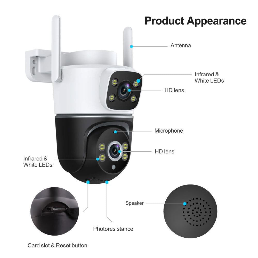 Smart Life Tuya WIFI 4MP HD PTZ CCTV Double Camera w/ 2 way audio | IP66 Waterproof | 12V
