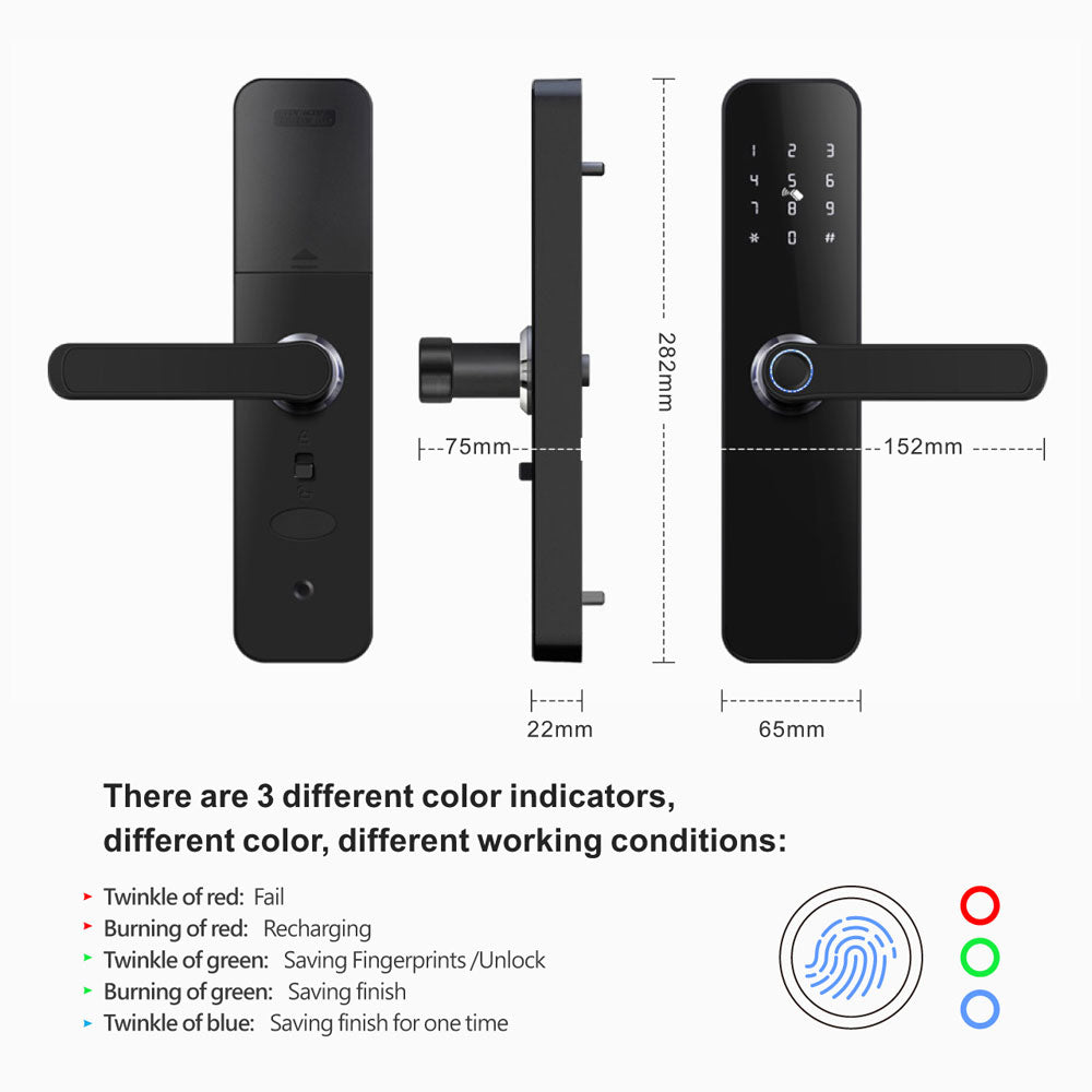 Smart Life Tuya WIFI Access Control Fingerprint Keypad Card Door Handle Lock HR07 (Black)