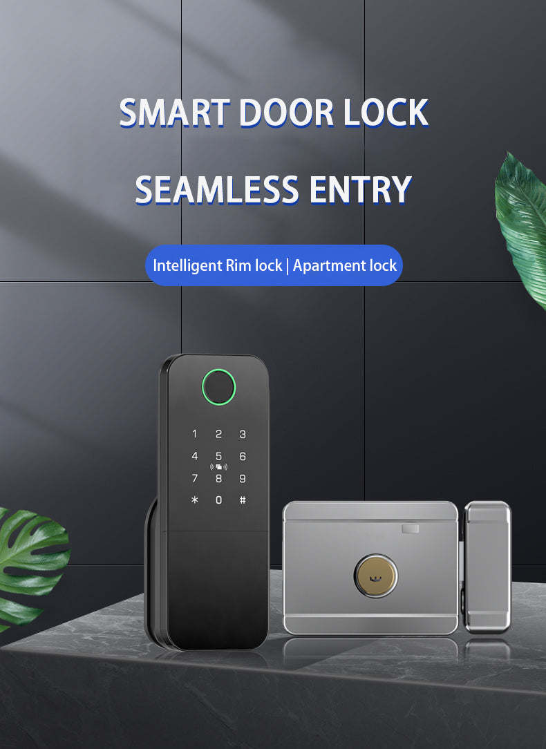 Smart Life Tuya WIFI Double Sided Fingerprint Keypad Card Door Handle Rim Lock w/ Remote (Silver)