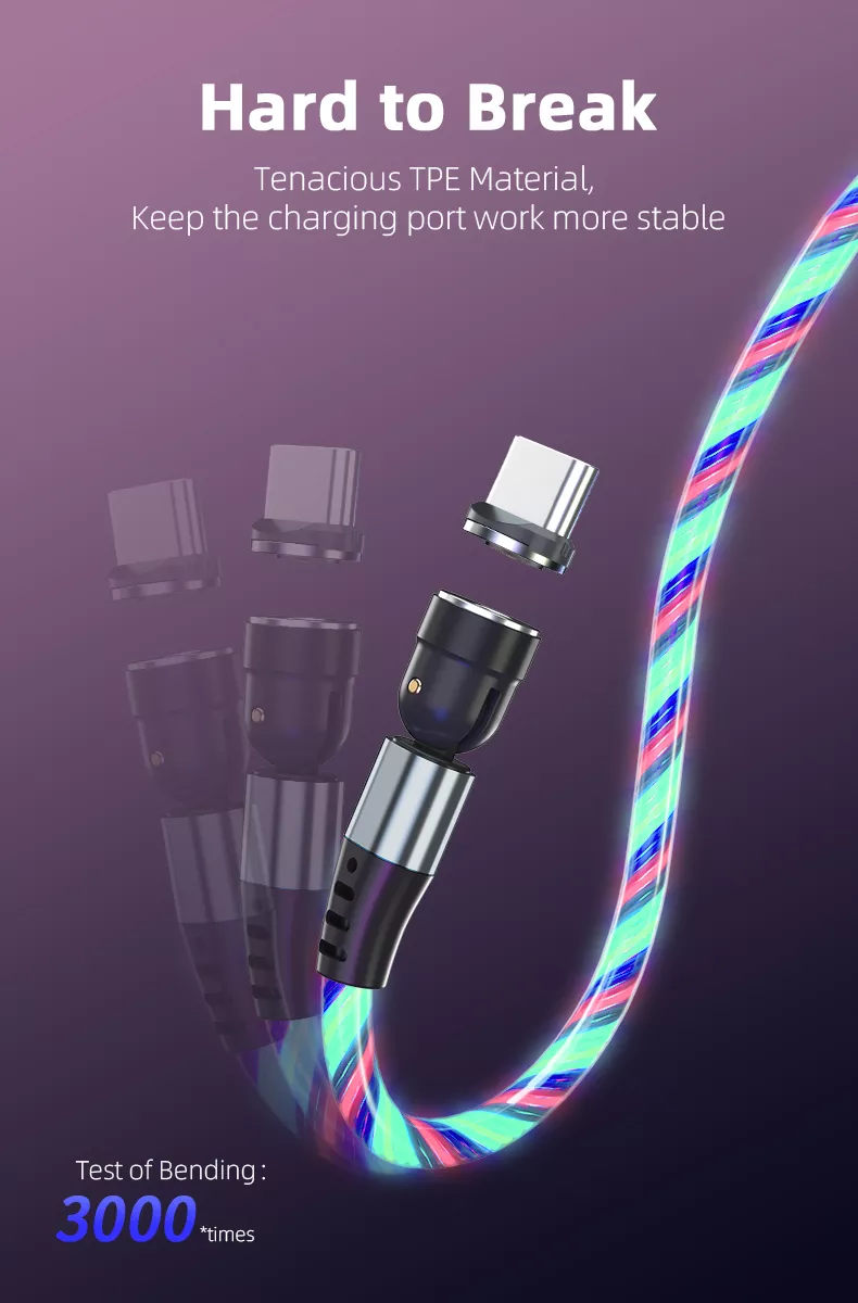 3 in 1 Luminous LED Magnetic Cable 3A Data Fast Charging 540 Rotatable 2m Micro, USB C, IOS (Multi Colour)