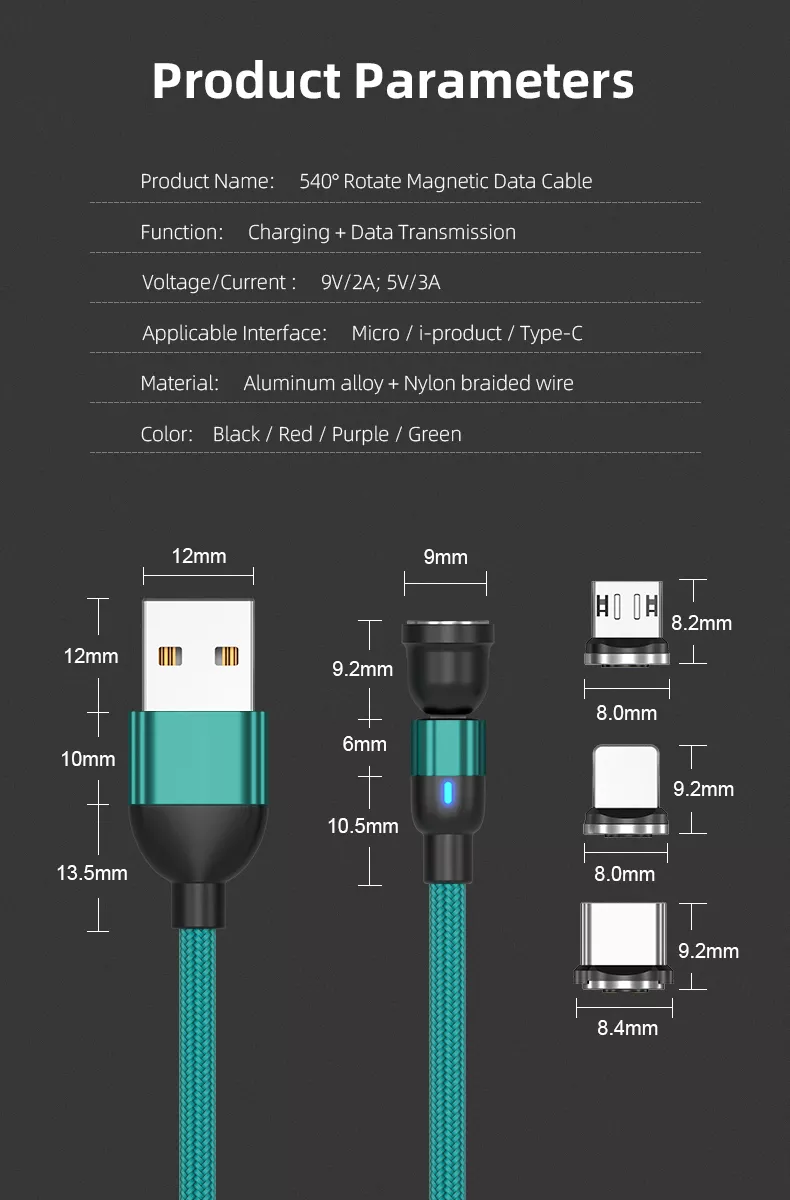 3 in 1 Magnetic Cable 3A Data Fast Charging 540 Rotatable 2m Micro, USB C, IOS Nylon Braided (Green)