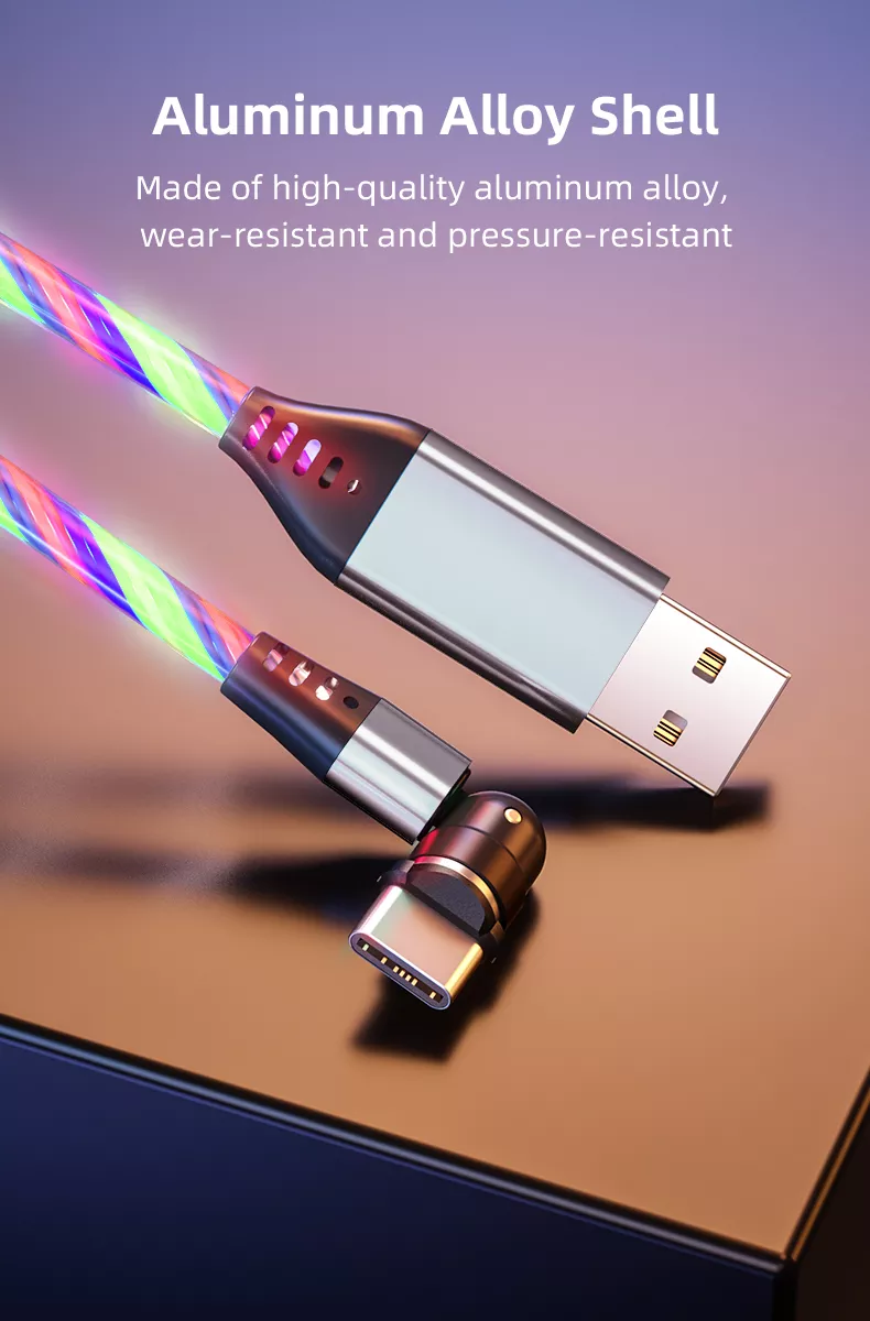 3 in 1 Luminous LED Magnetic Cable 3A Data Fast Charging 540 Rotatable 2m Micro, USB C, IOS (Multi Colour)