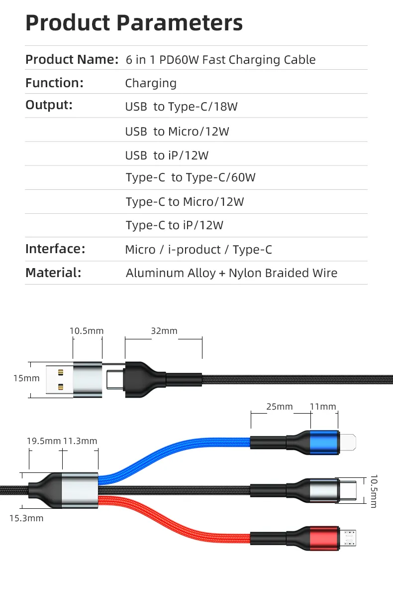 6 in 1 USB A or C to Micro USB, USB C, IOS Cable Fast Charging PD60W 1.2m Nylon Braided (Black)