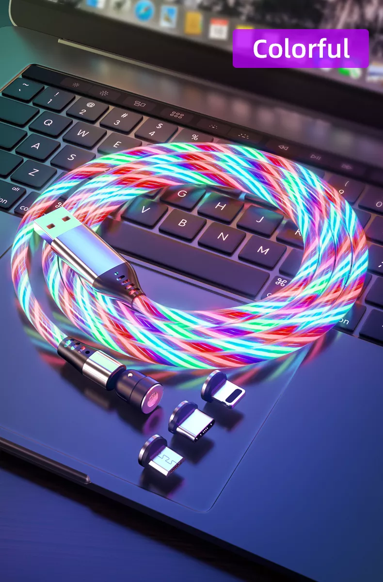 3 in 1 Luminous LED Magnetic Cable 3A Data Fast Charging 540 Rotatable 2m Micro, USB C, IOS (Multi Colour)