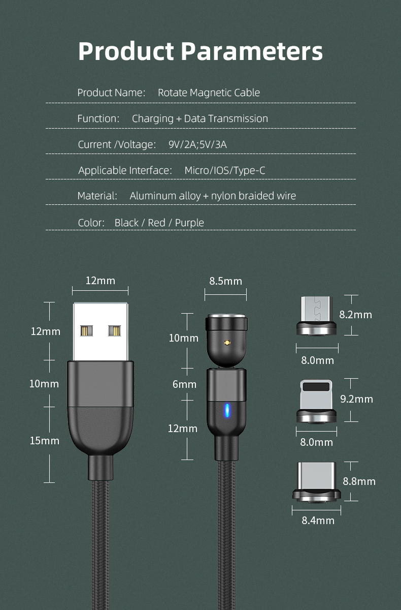3 in 1 Magnetic Cable 3A Data Fast Charging 540 Rotatable 2m Micro, USB C, IOS Nylon Braided (Black)