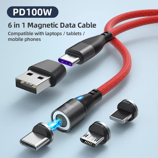 6 in 1 Magnetic Cable Data Fast Charging PD100W 1.8m Micro, USB C, IOS Nylon Braided (Red)