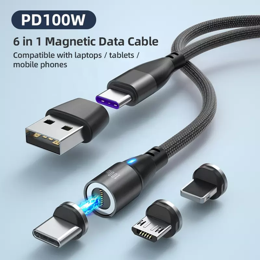 6 in 1 Magnetic Cable Data Fast Charging PD100W 1.8m Micro, USB C, IOS Nylon Braided (Black)