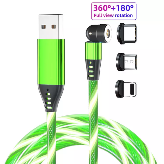 3 in 1 Luminous LED Magnetic Cable 3A Data Fast Charging 540 Rotatable 2m Micro, USB C, IOS (Green)