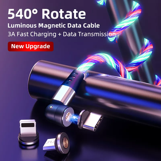 3 in 1 Luminous LED Magnetic Cable 3A Data Fast Charging 540 Rotatable 2m Micro, USB C, IOS (Multi Colour)