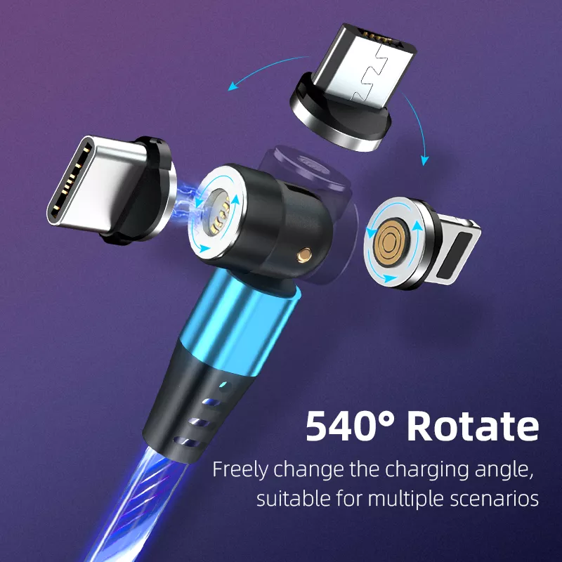 3 in 1 Luminous LED Magnetic Cable 3A Data Fast Charging 540 Rotatable 2m Micro, USB C, IOS (Blue)