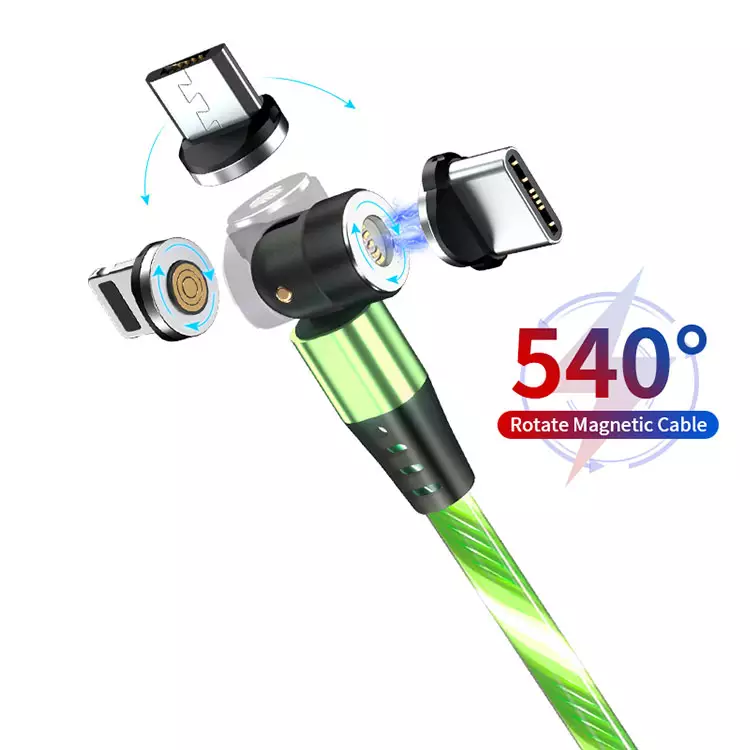 3 in 1 Luminous LED Magnetic Cable 3A Data Fast Charging 540 Rotatable 2m Micro, USB C, IOS (Green)