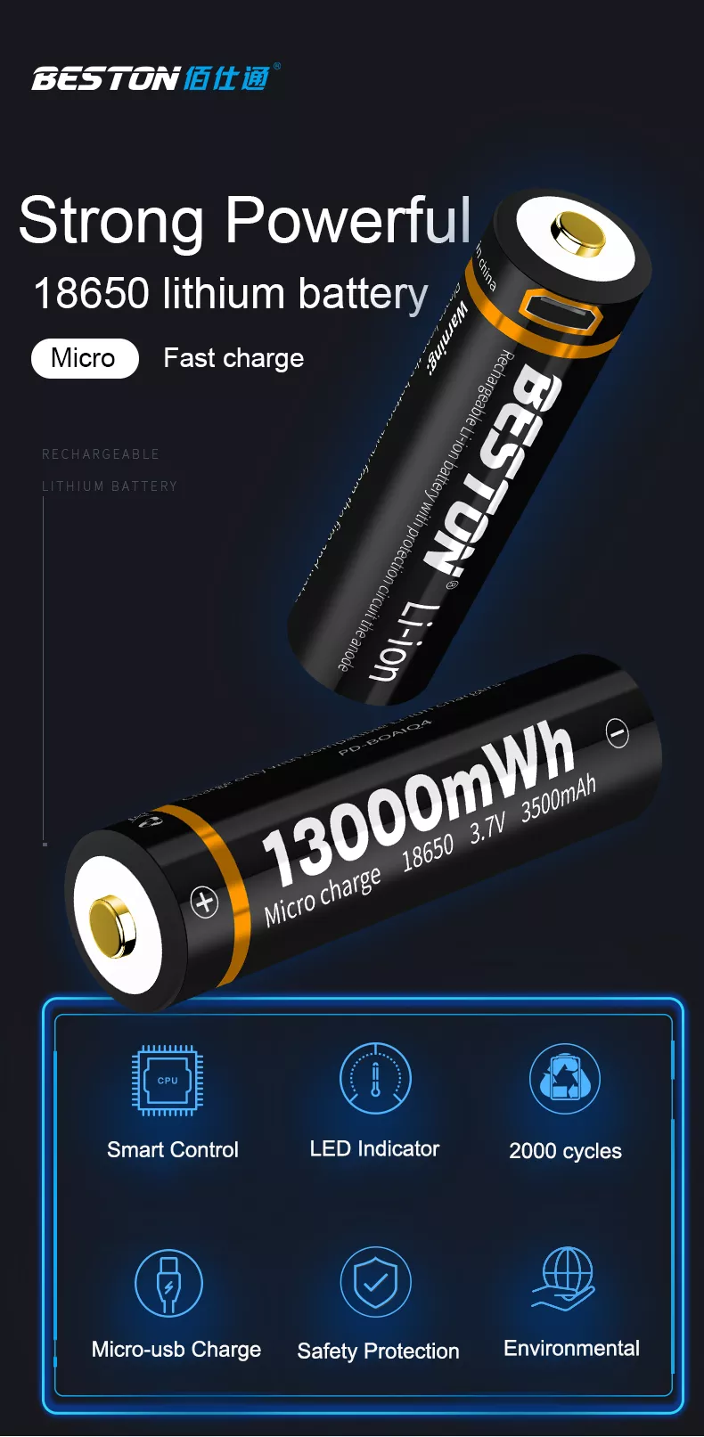 BESTON 18700 Micro USB Rechargeable Lithium Battery | 3.7V | 3500mAh | 1 Pack