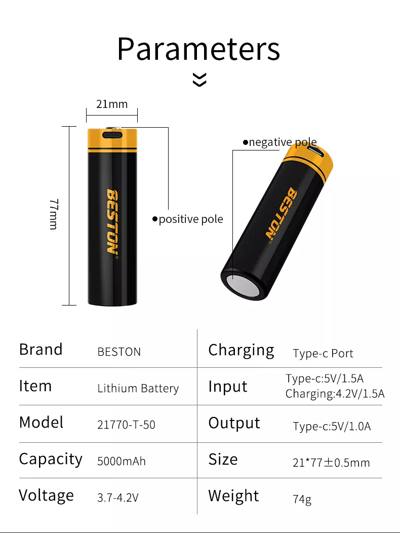 BESTON 21750 USB C Rechargeable Lithium Battery or Power Bank | 3.7V | 5000mAh | 1 Pack