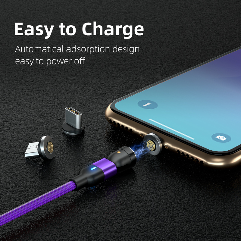 3 in 1 Magnetic Cable 3A Data Fast Charging 540 Rotatable 2m Micro,USB C, IOS Nylon Braided (Purple)